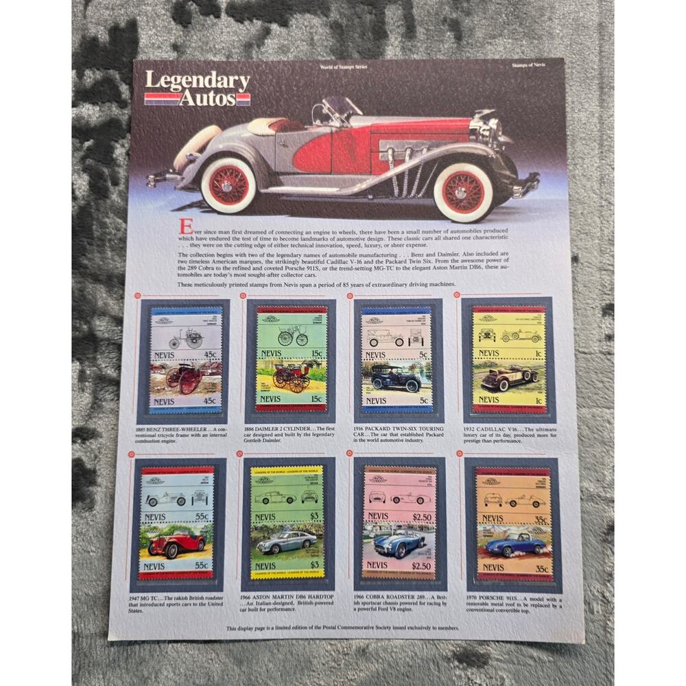 Vintage Legendary Autos Stamp Collection Nevis Classic Cars Display